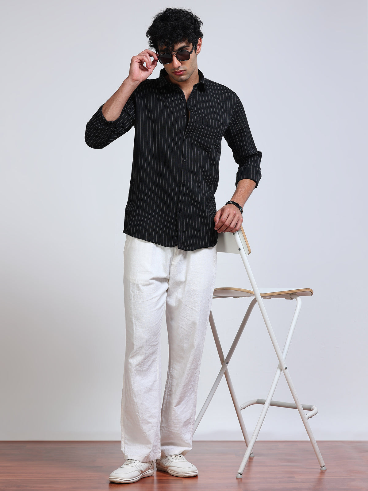 Men's Linen Black White Pinstripe Shirt