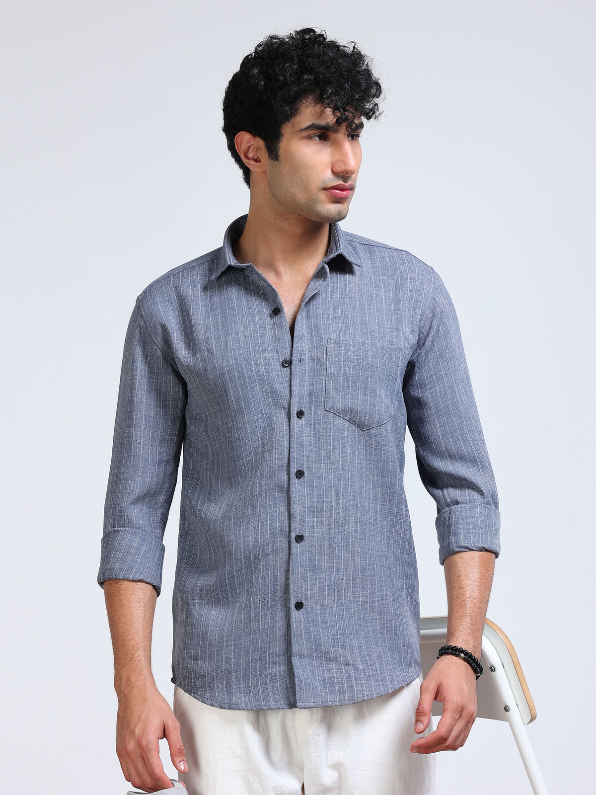 Men's Linen Slate Blue Stripe Shirt