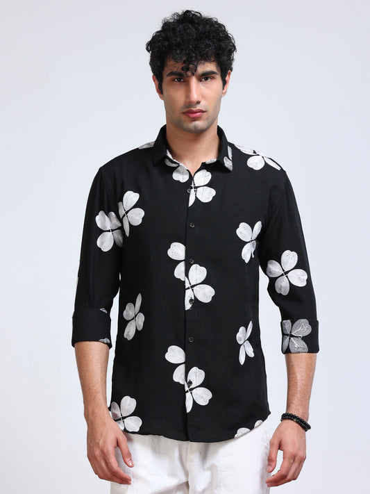 Men's Linen Black Clover Leaf Embroidery Shirt