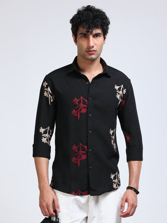 Men's Linen Black Red Floral Embroidery Shirt