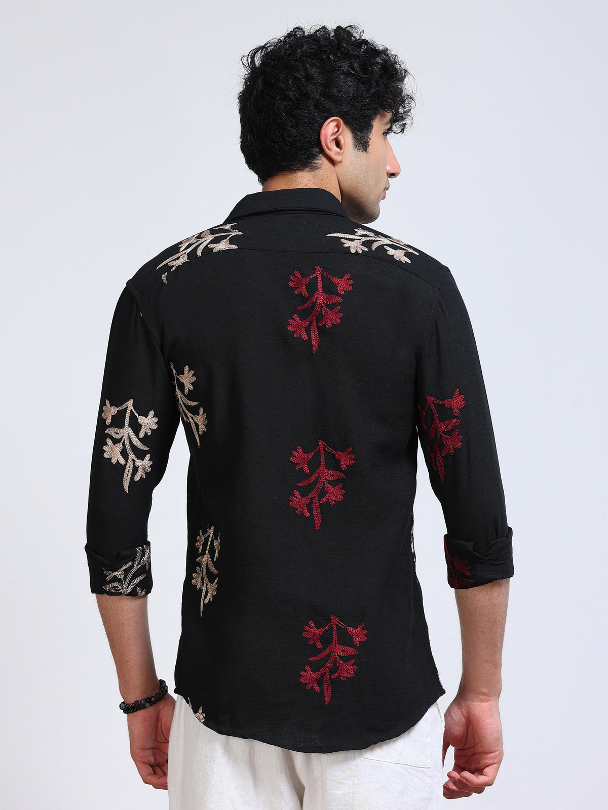 Men's Linen Black Red Floral Embroidery Shirt