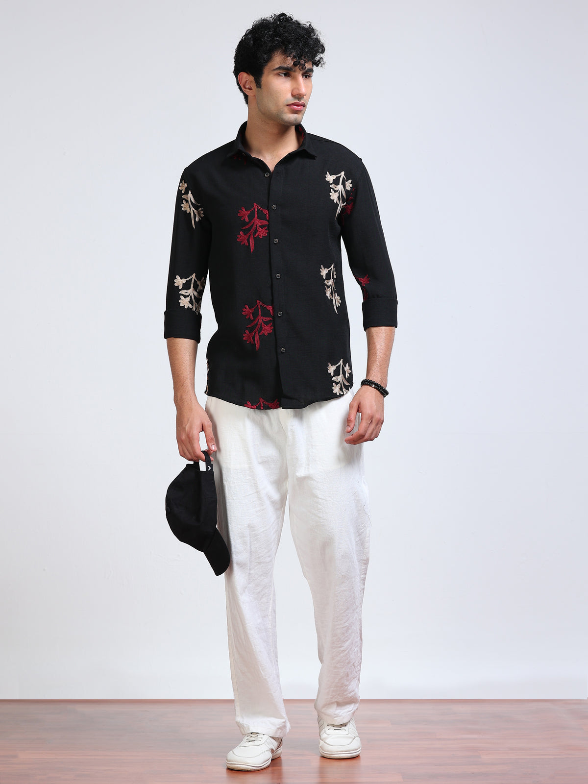 Men's Linen Black Red Floral Embroidery Shirt