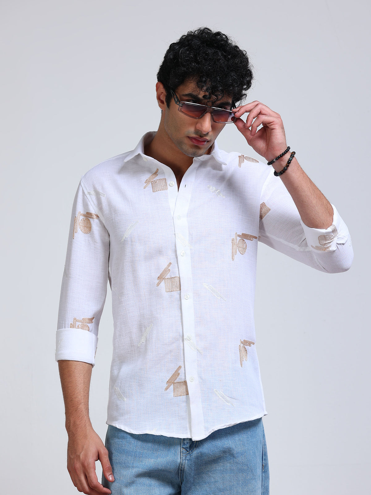 Men's Linen White Abstract Patch Embroidery Shirt