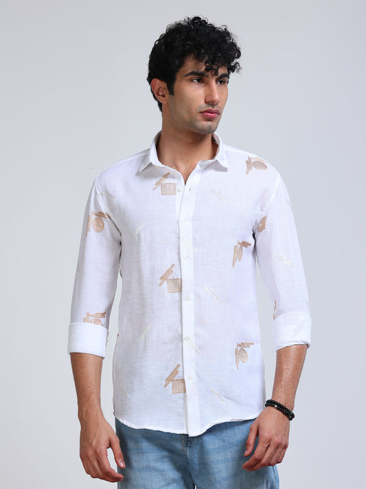 Men's Linen White Abstract Patch Embroidery Shirt