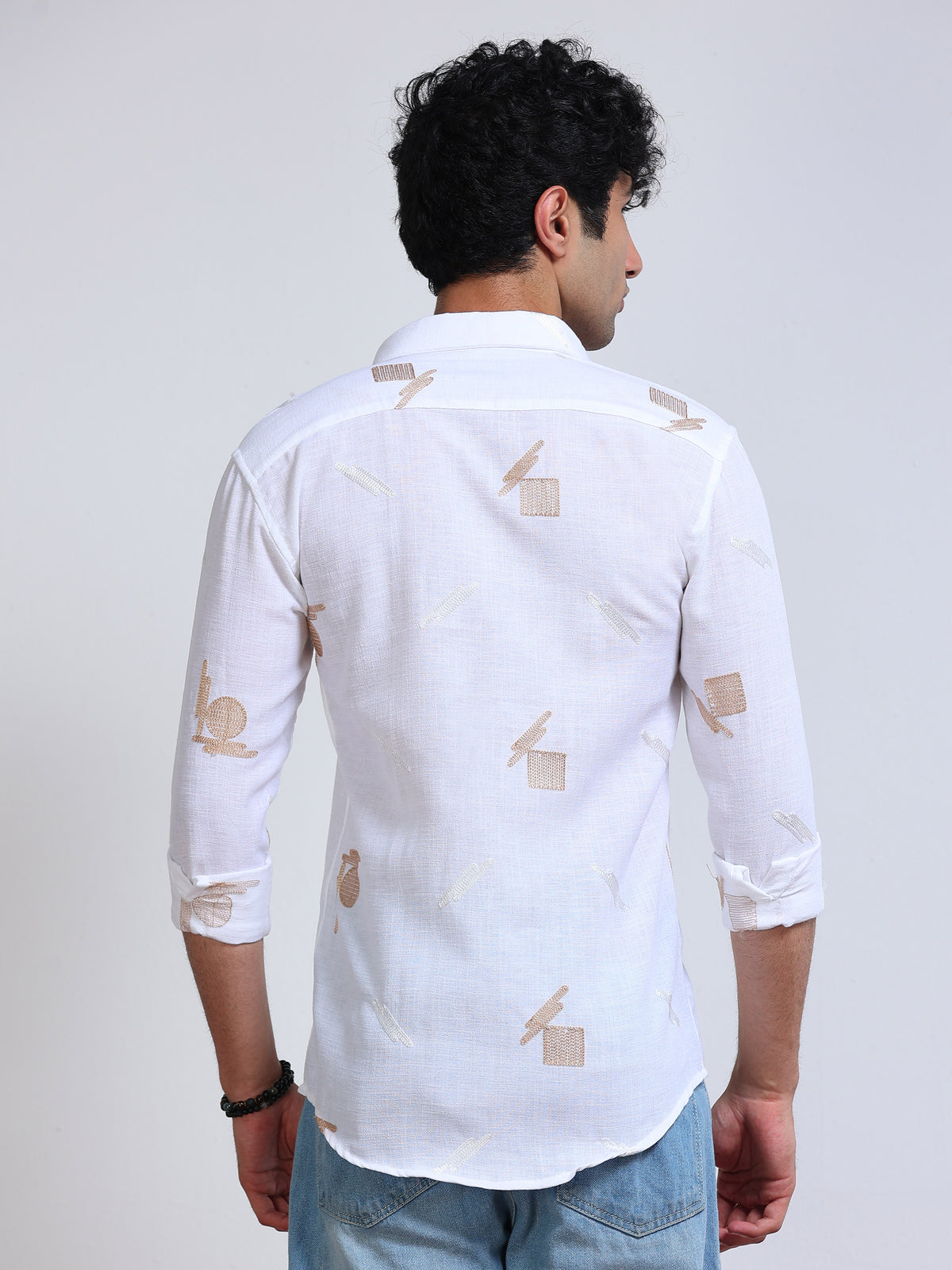 Men's Linen White Abstract Patch Embroidery Shirt