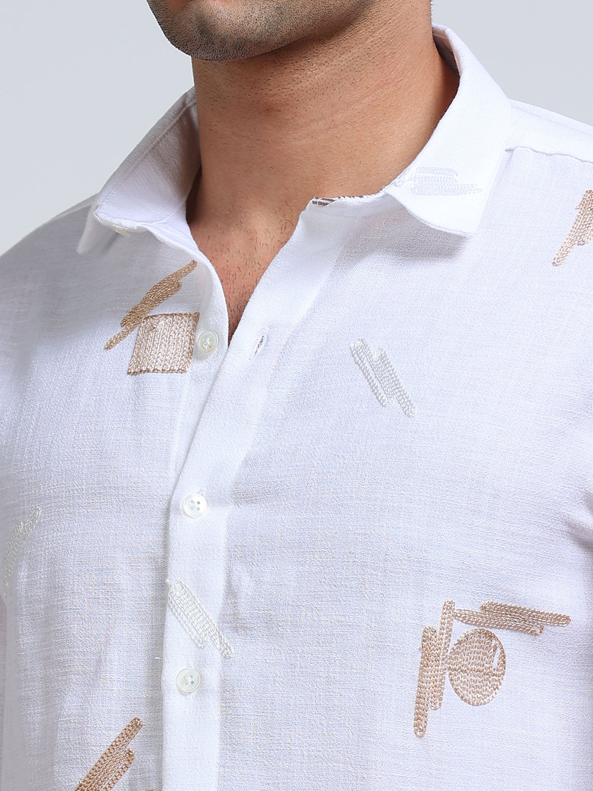 Men's Linen White Abstract Patch Embroidery Shirt