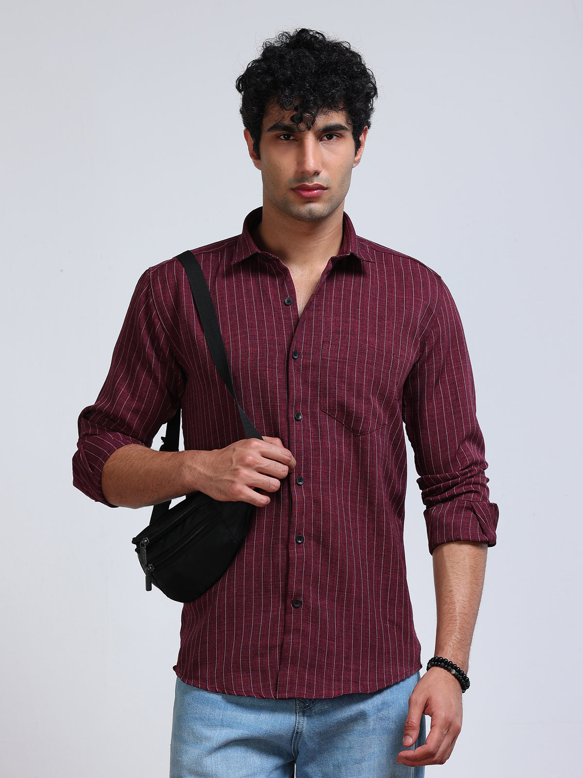 Men's Linen Maroon Stripe Shirt