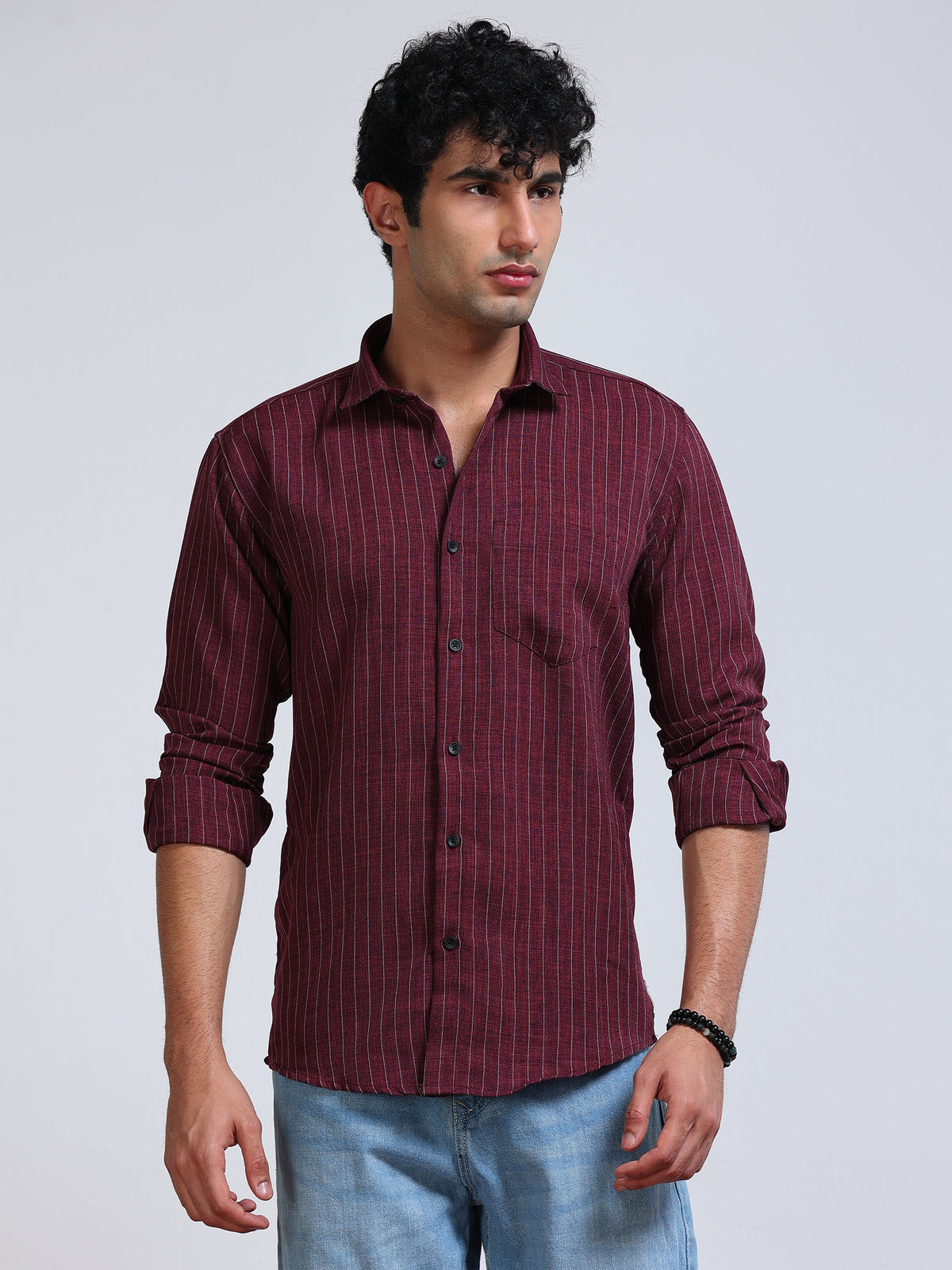 Men's Linen Maroon Stripe Shirt