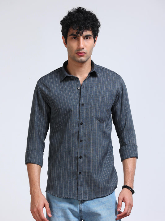 Men's Linen Charcoal Grey Stripe Shirt