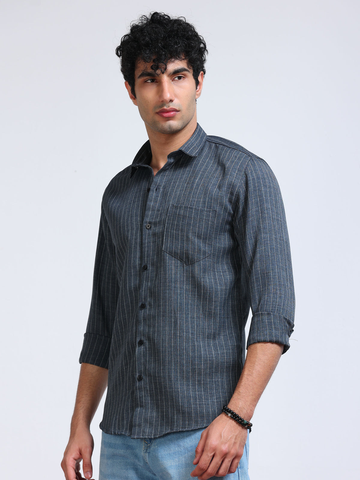 Men's Linen Charcoal Grey Stripe Shirt