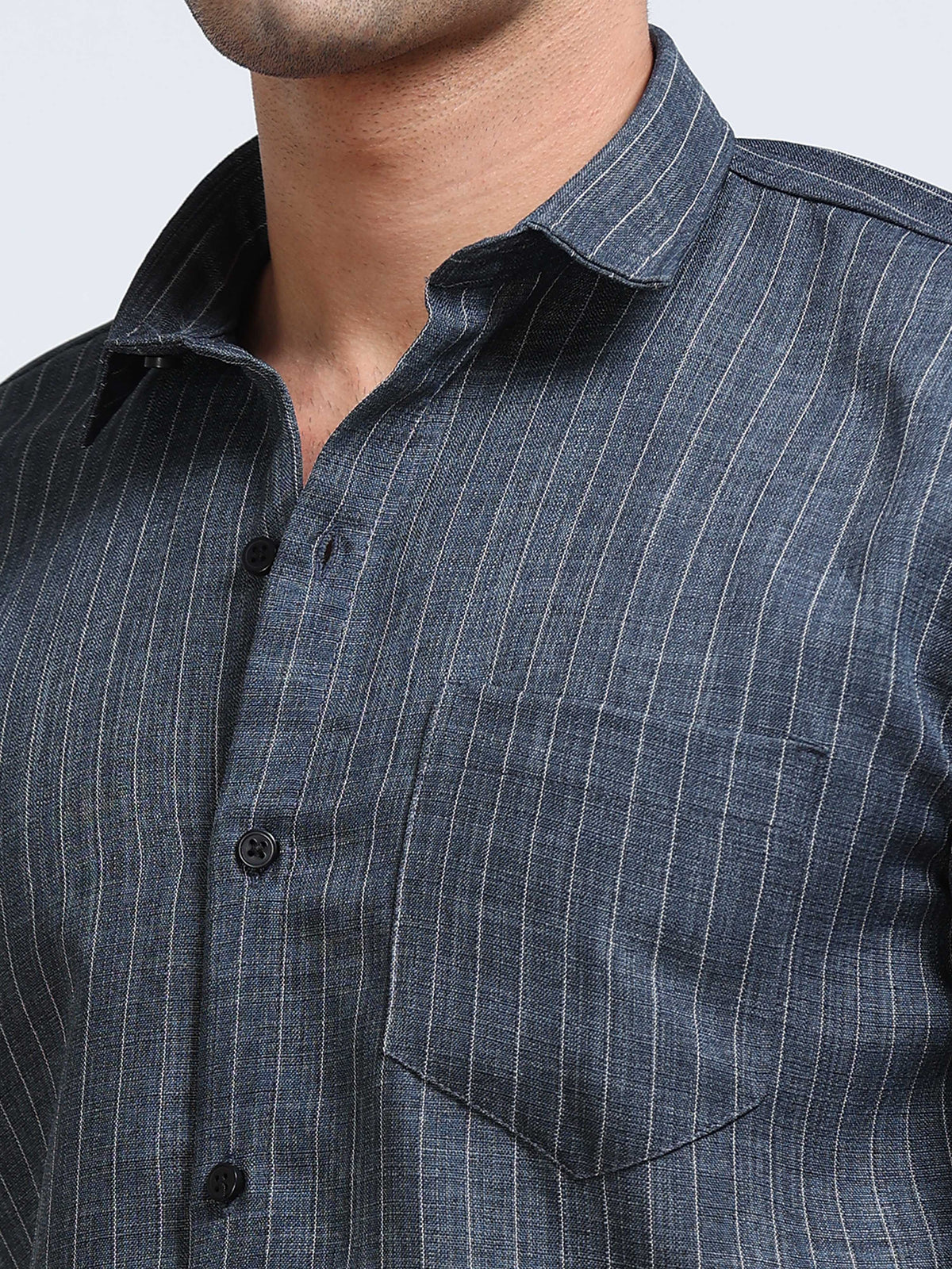 Men's Linen Charcoal Grey Stripe Shirt