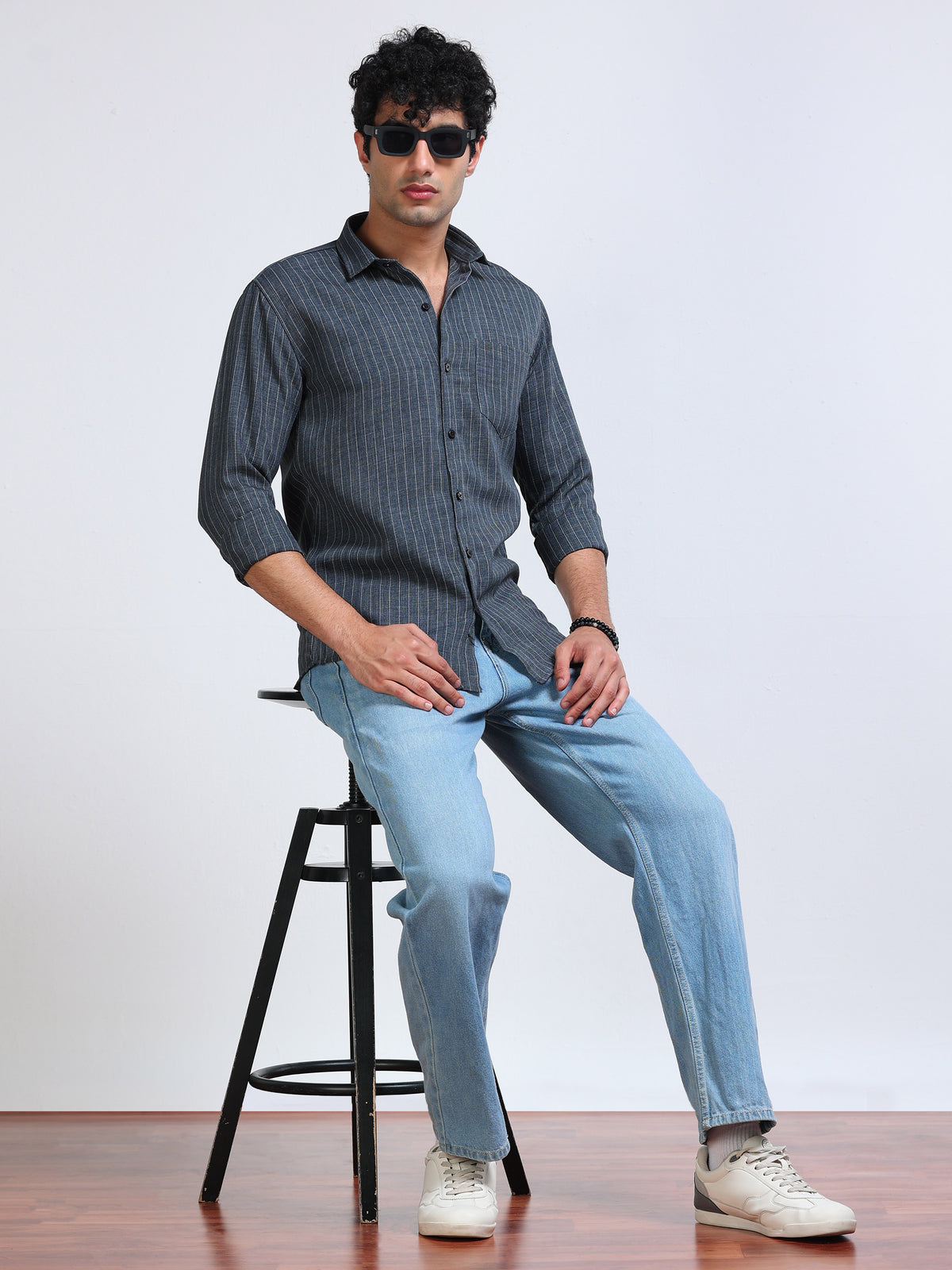 Men's Linen Charcoal Grey Stripe Shirt