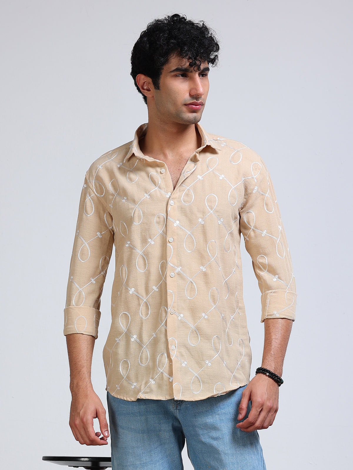 Men's Linen Beige Swirl Embroidery Shirt