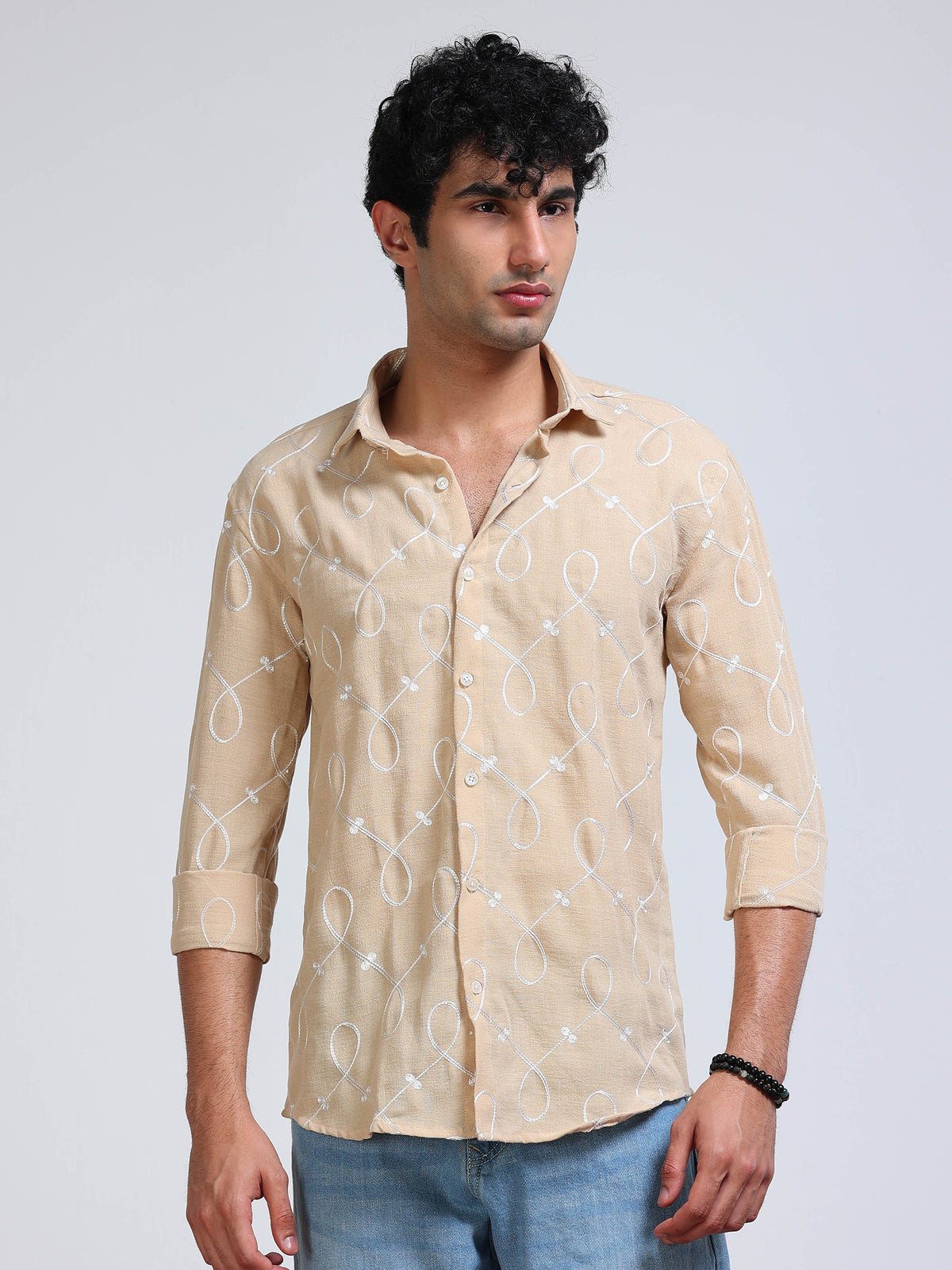 Men's Linen Beige Swirl Embroidery Shirt