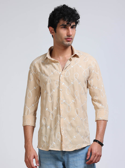 Men's Linen Beige Swirl Embroidery Shirt