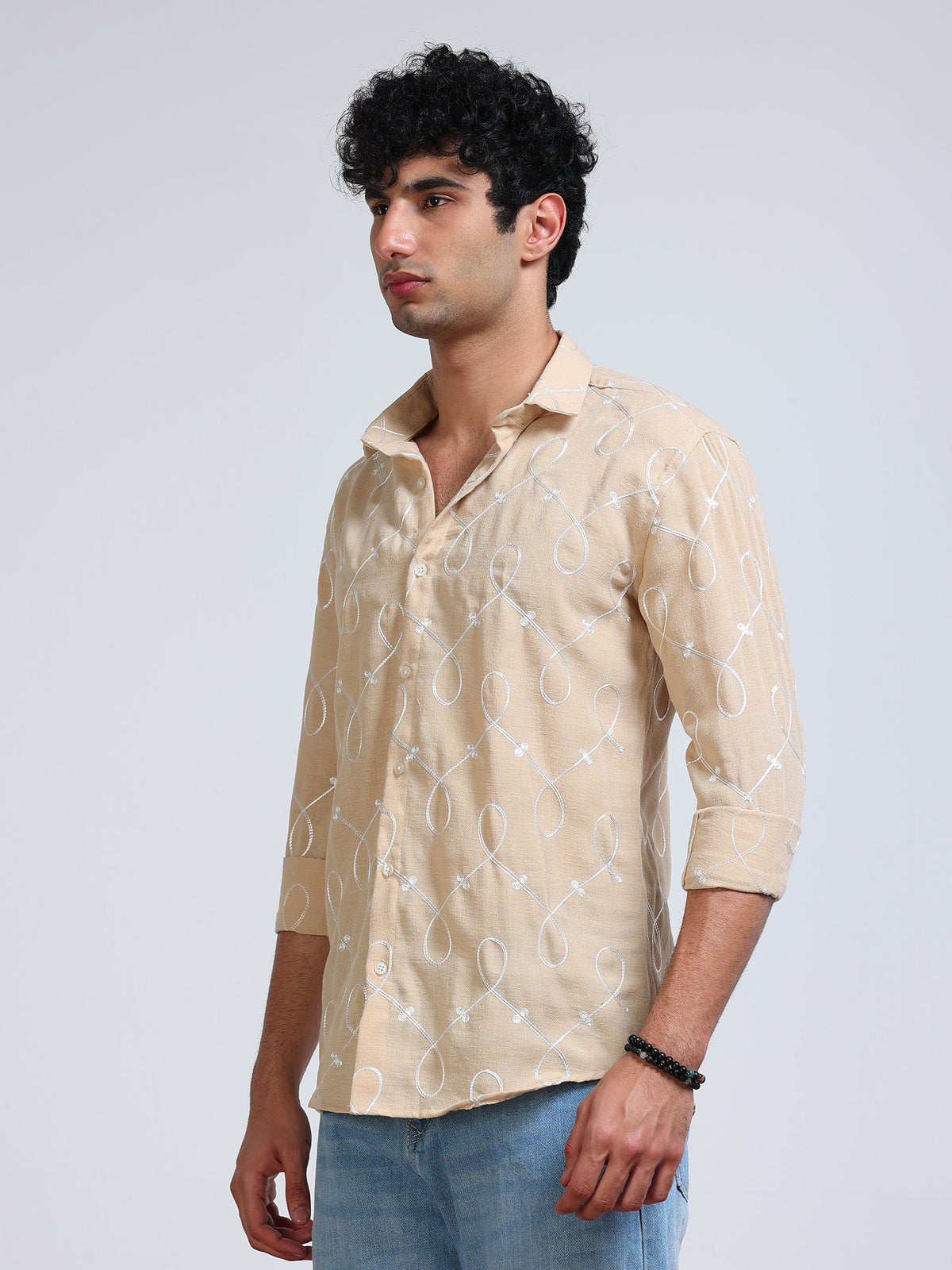 Men's Linen Beige Swirl Embroidery Shirt