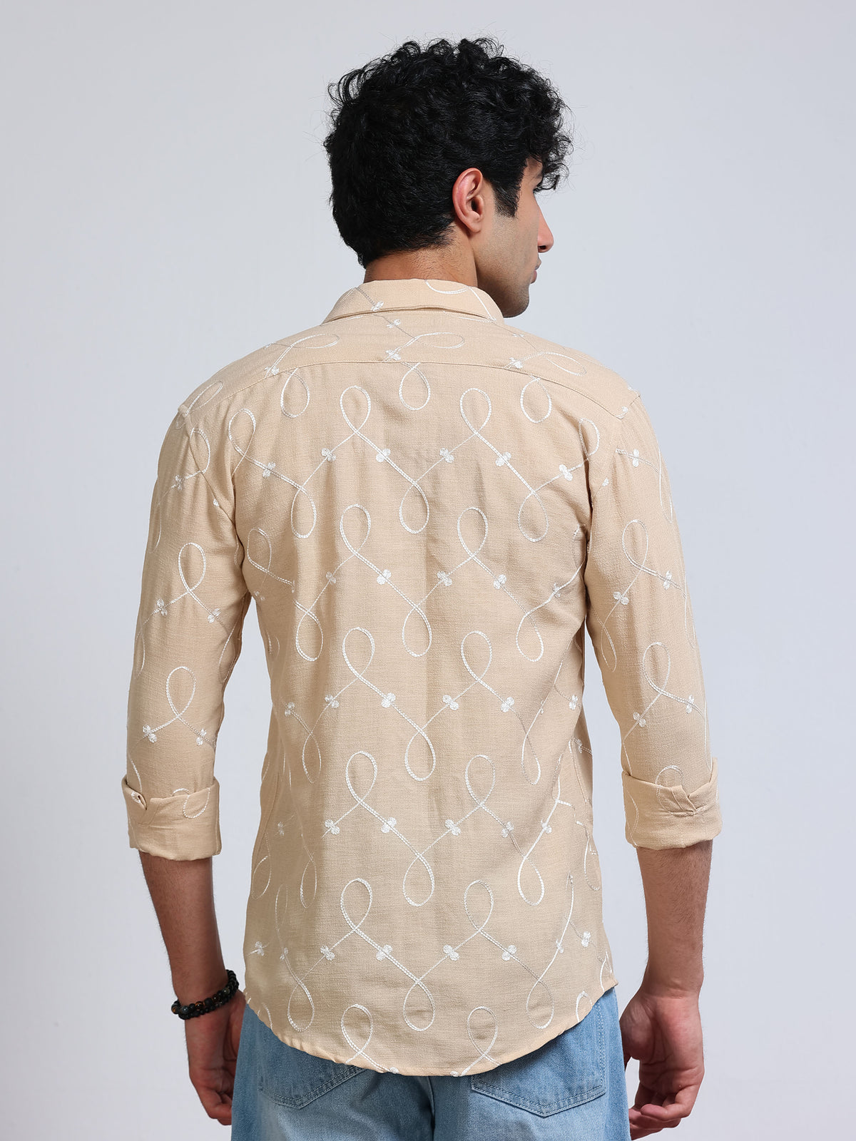 Men's Linen Beige Swirl Embroidery Shirt