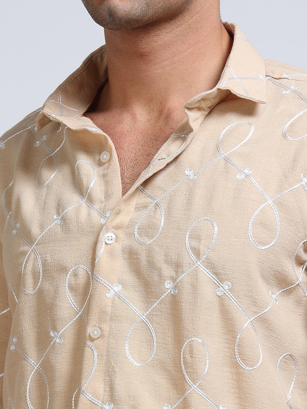 Men's Linen Beige Swirl Embroidery Shirt