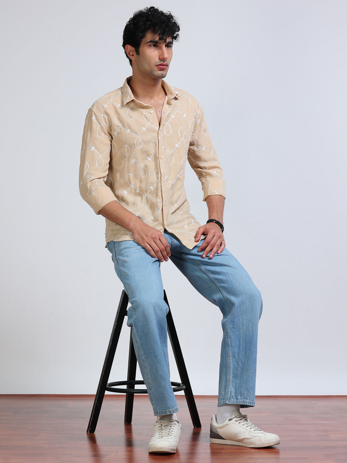 Men's Linen Beige Swirl Embroidery Shirt