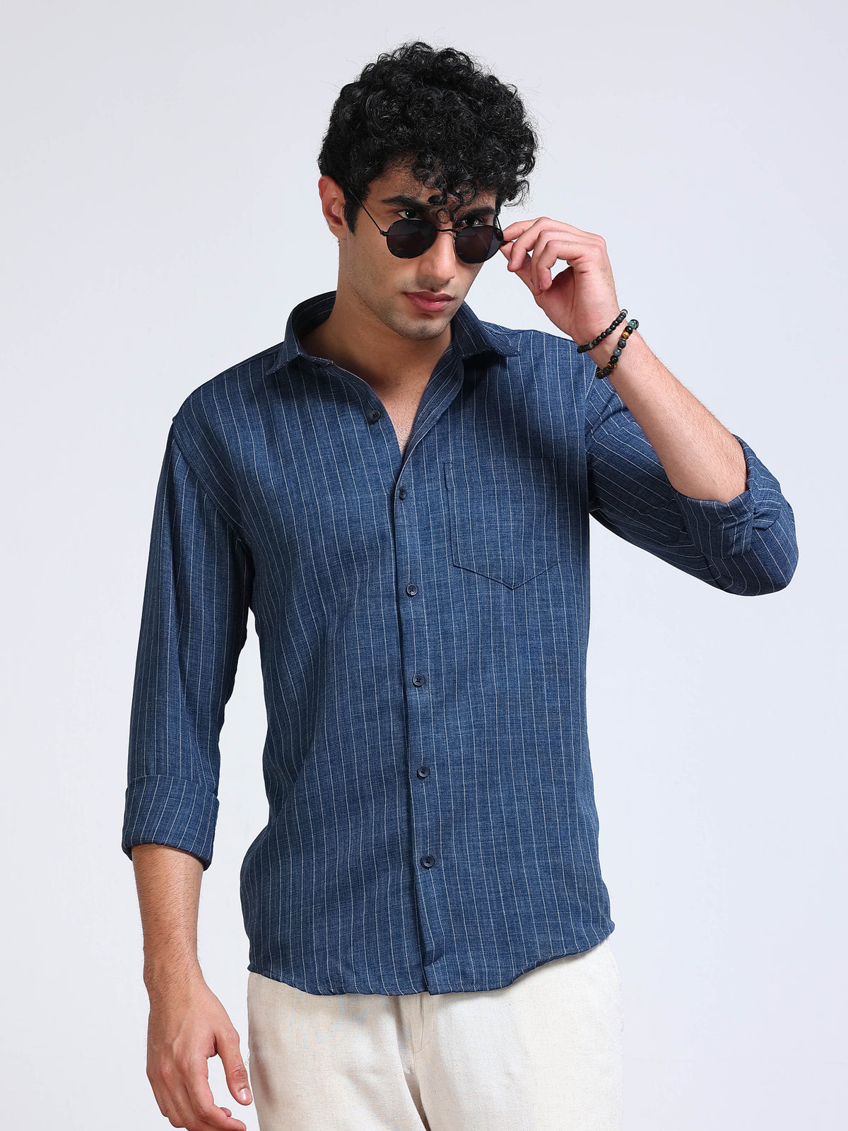 Men's Linen Indigo Blue Stripe Shirt