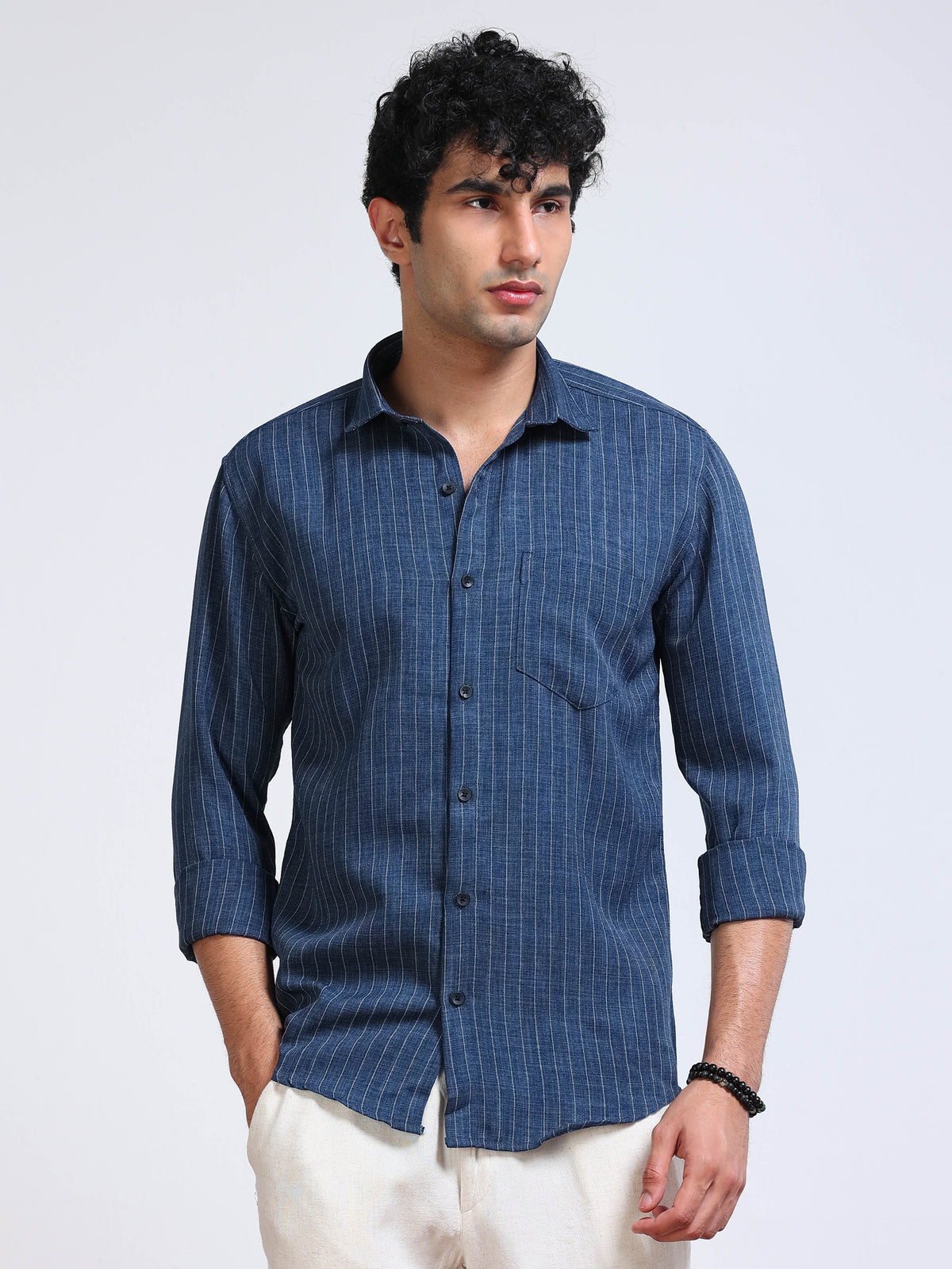 Men's Linen Indigo Blue Stripe Shirt