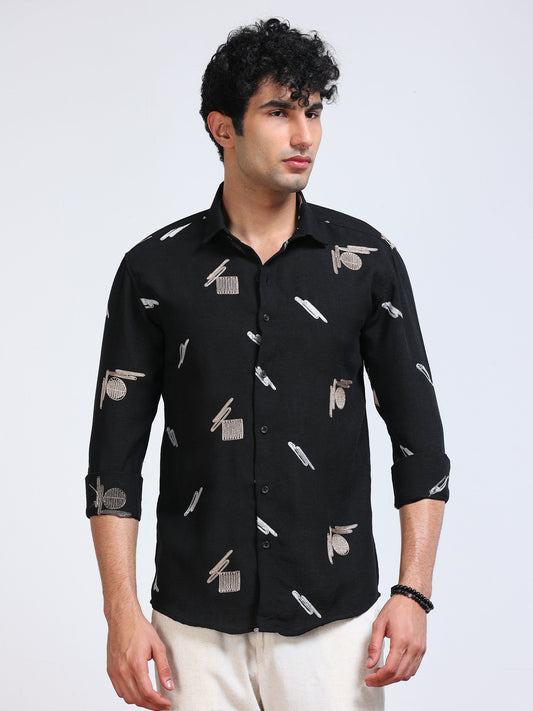 Men's Linen Black Abstract Motif Embroidery Shirt