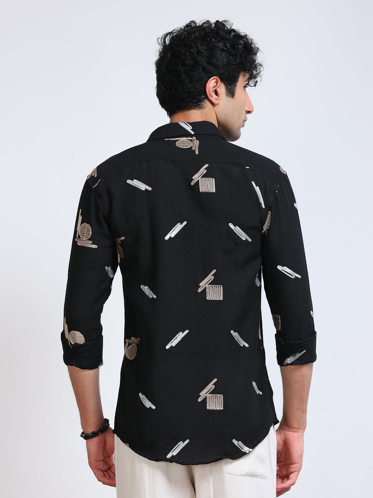 Men's Linen Black Abstract Motif Embroidery Shirt