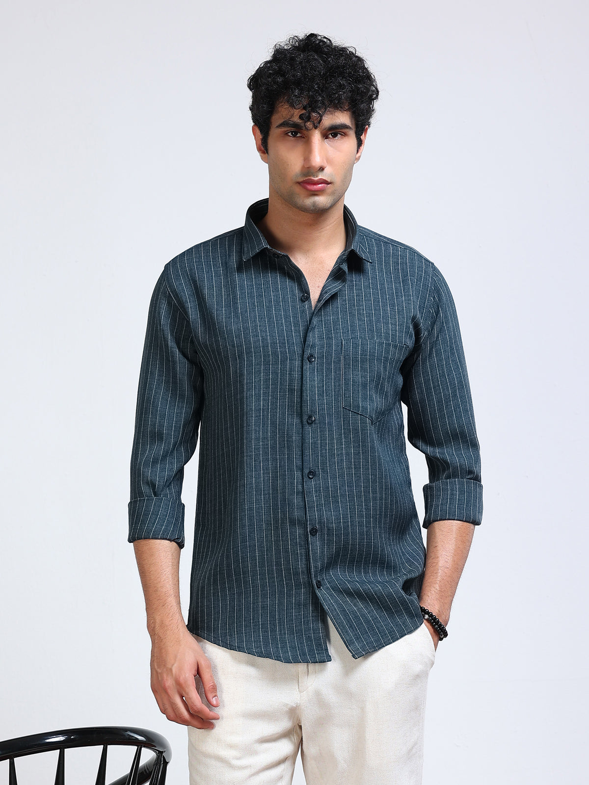Men's Linen Teal Green Stripe Shirt