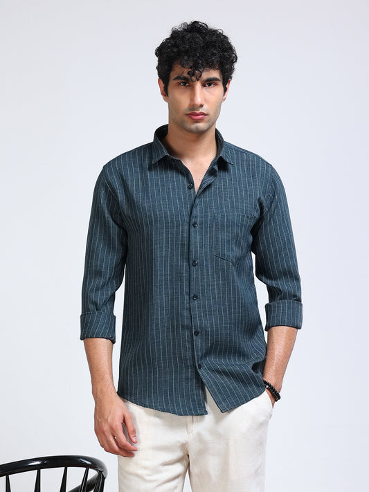 Men's Linen Teal Green Stripe Shirt