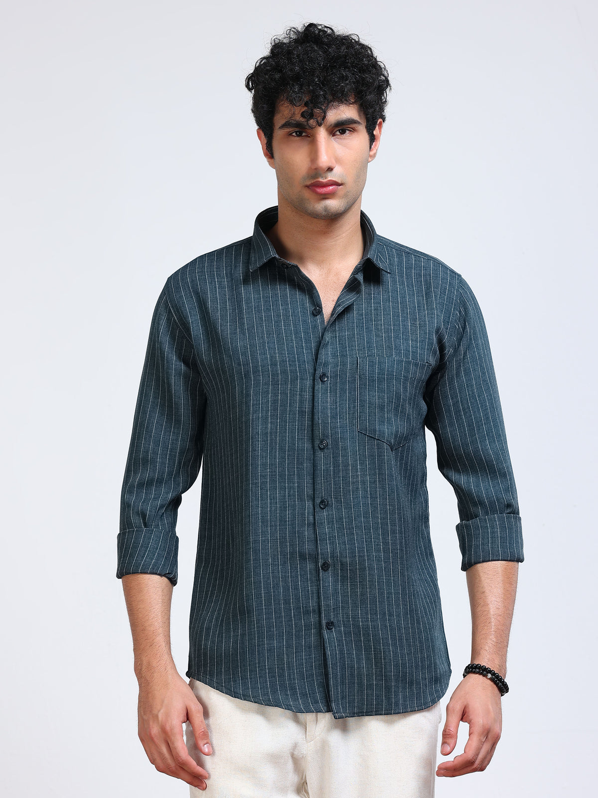 Men's Linen Teal Green Stripe Shirt
