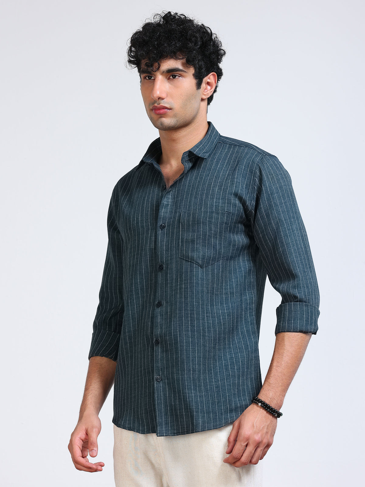 Men's Linen Teal Green Stripe Shirt