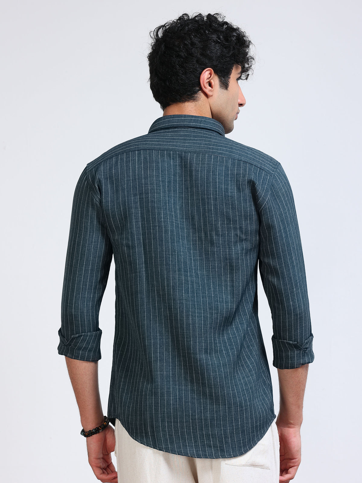 Men's Linen Teal Green Stripe Shirt