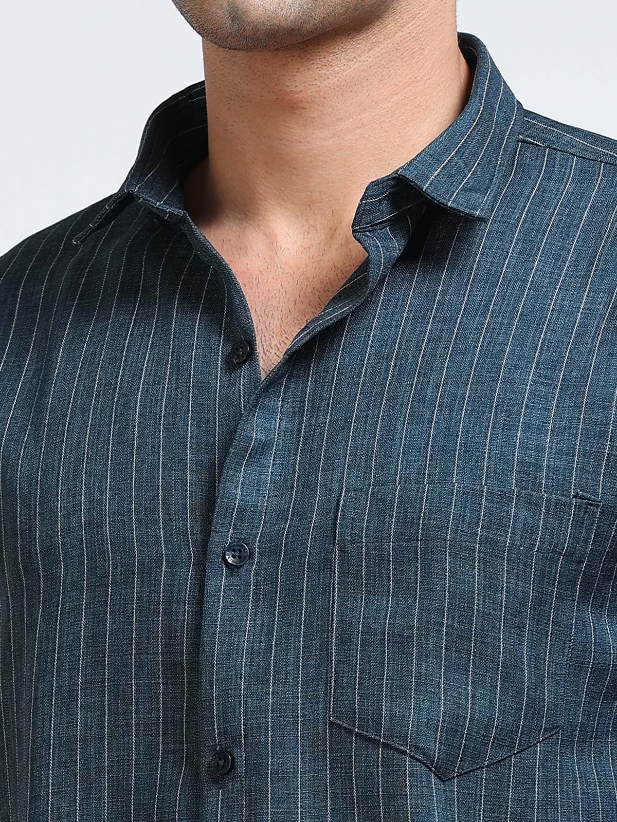 Men's Linen Teal Green Stripe Shirt