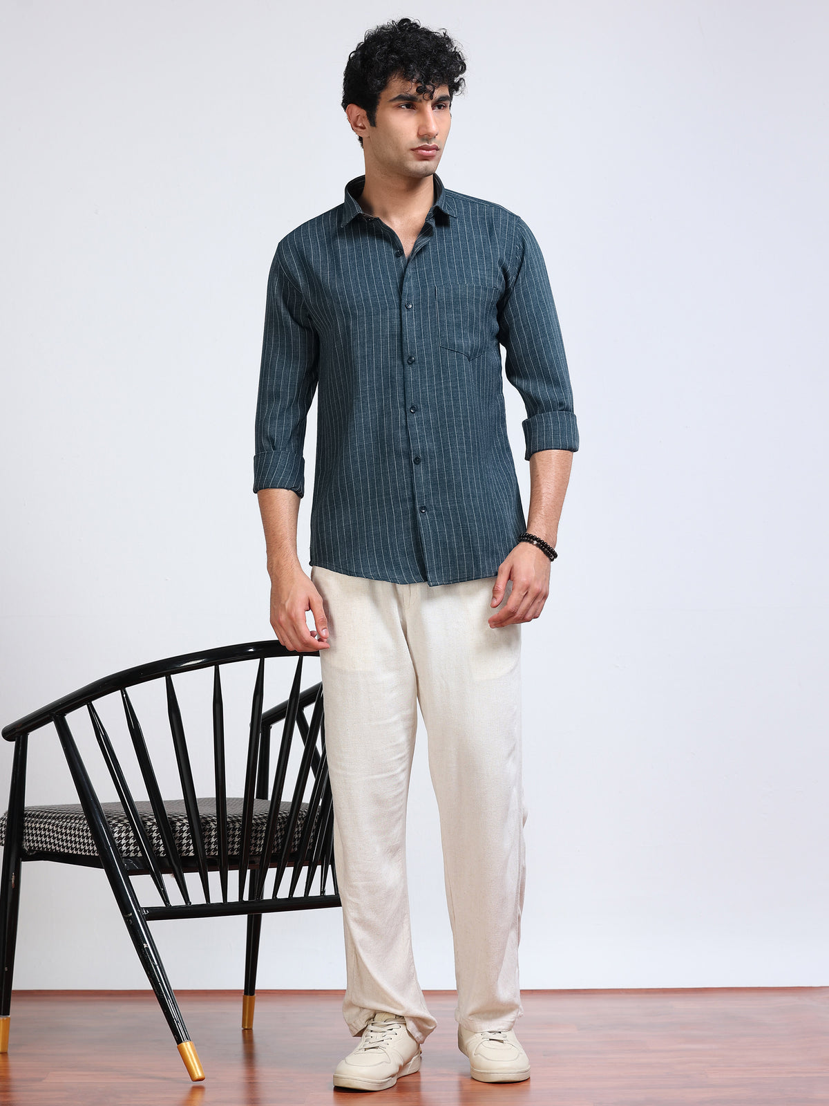 Men's Linen Teal Green Stripe Shirt