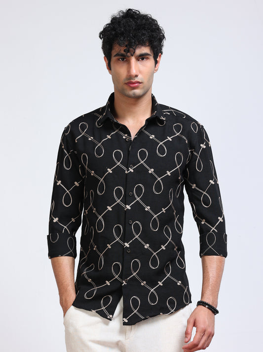Men's Linen Black Loop Geometric Embroidery Shirt