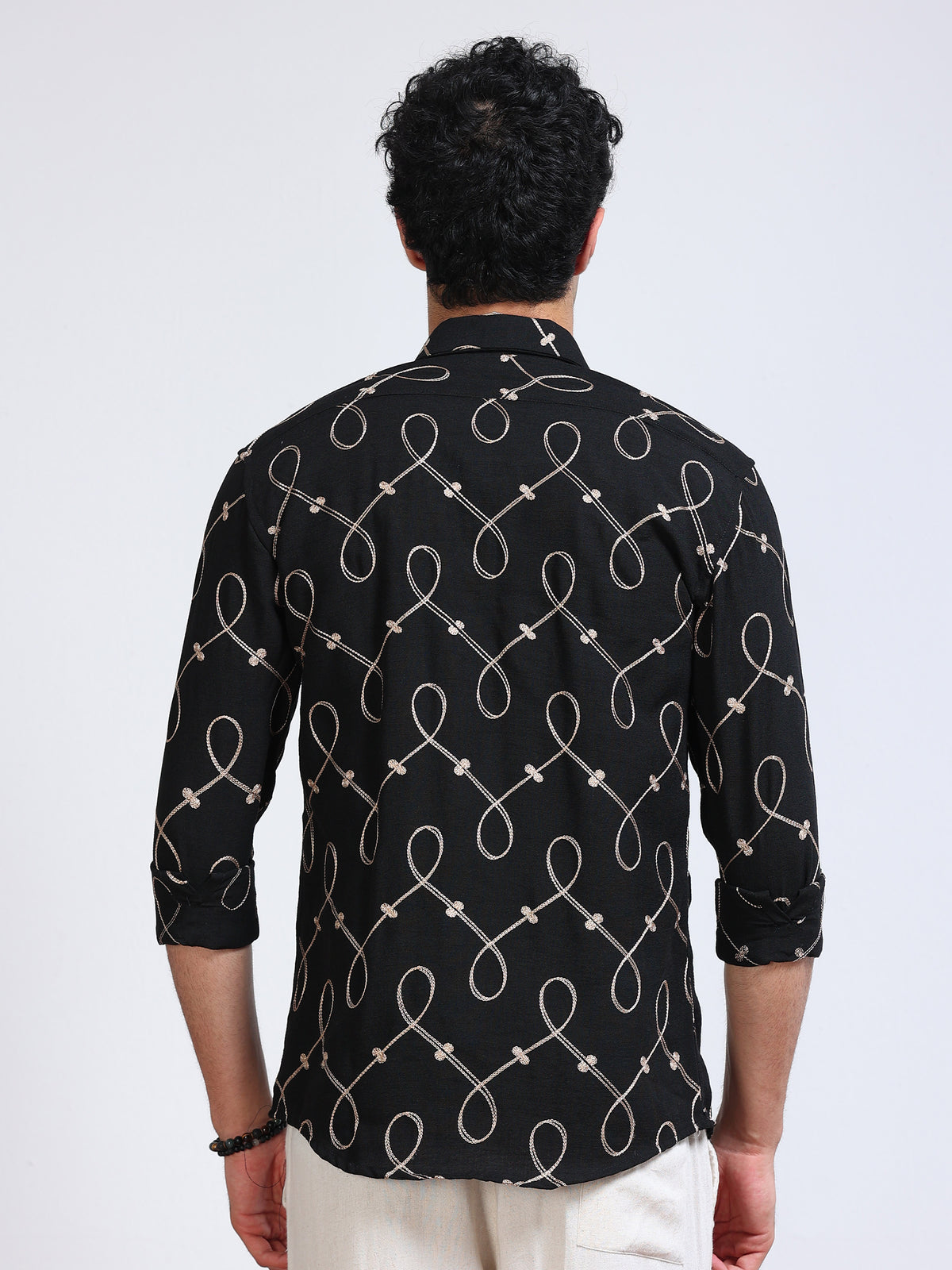 Men's Linen Black Loop Geometric Embroidery Shirt