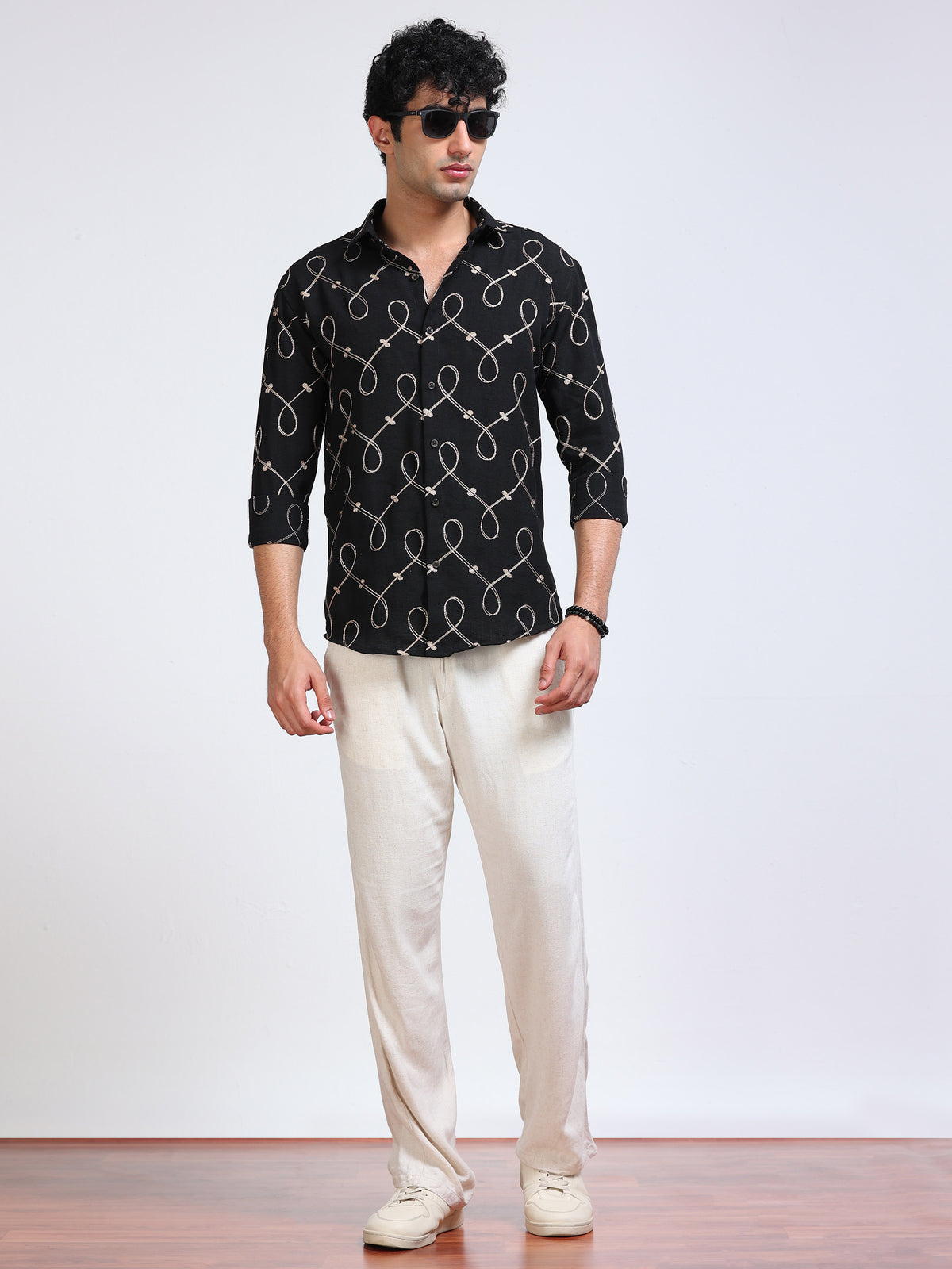Men's Linen Black Loop Geometric Embroidery Shirt