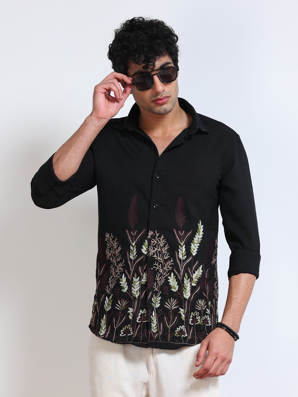 Men's Linen Black Botanical Border Embroidery Shirt