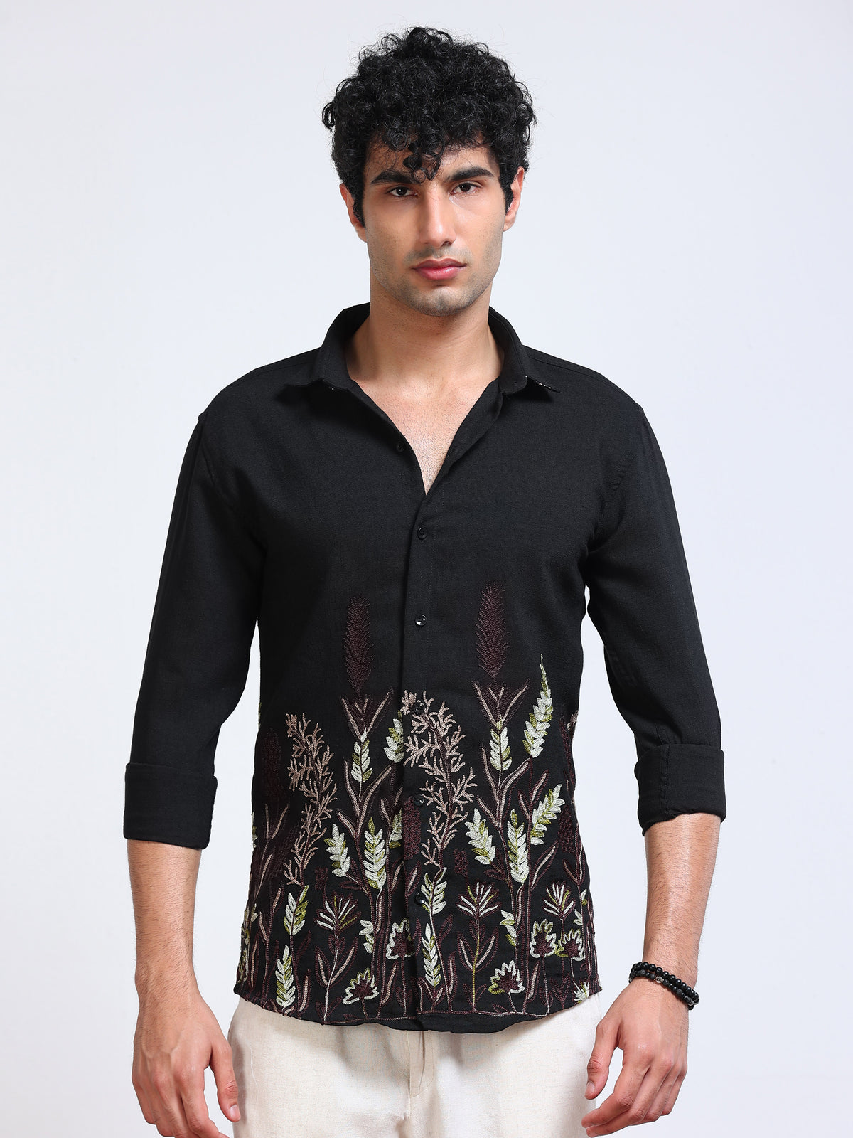 Men's Linen Black Botanical Border Embroidery Shirt
