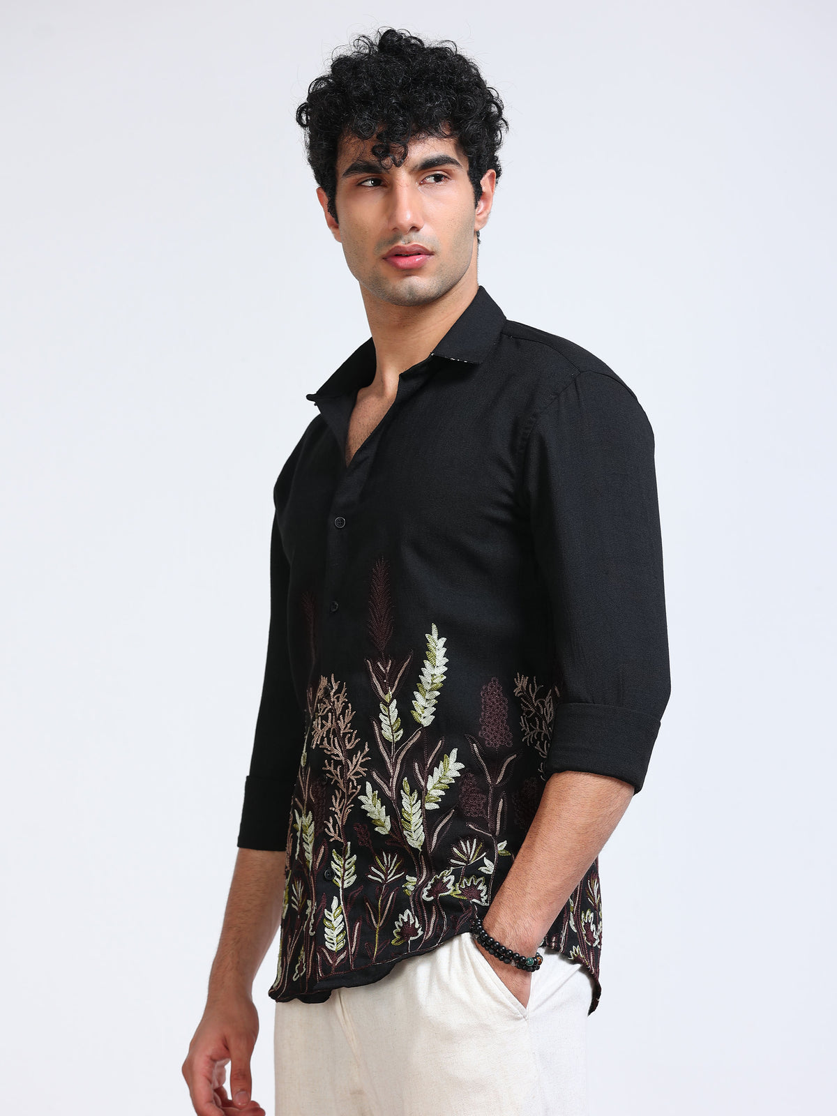 Men's Linen Black Botanical Border Embroidery Shirt