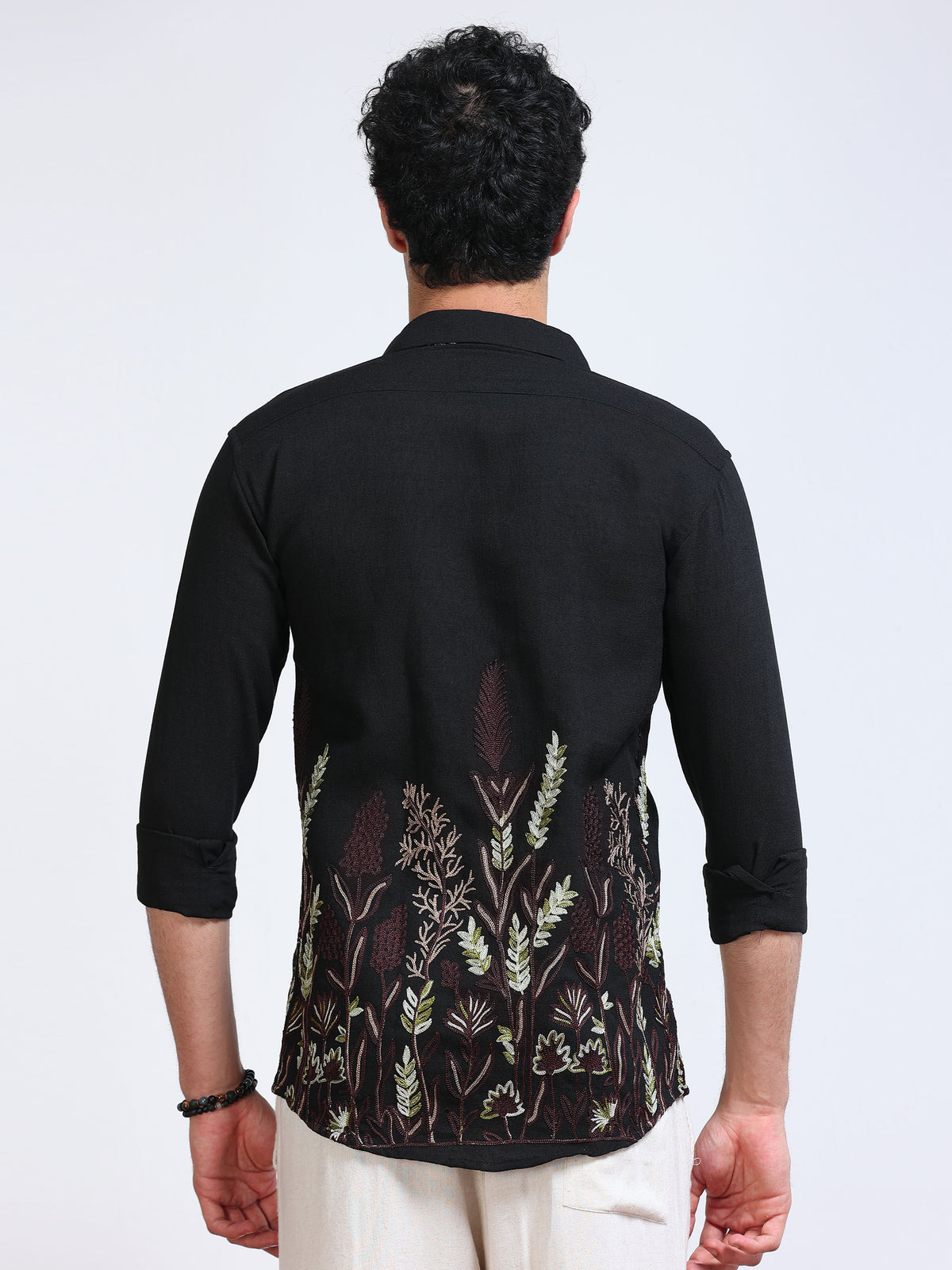 Men's Linen Black Botanical Border Embroidery Shirt