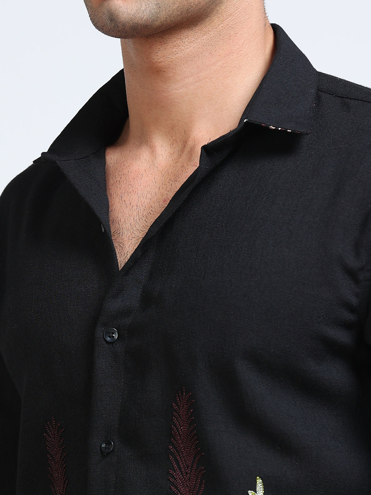 Men's Linen Black Botanical Border Embroidery Shirt
