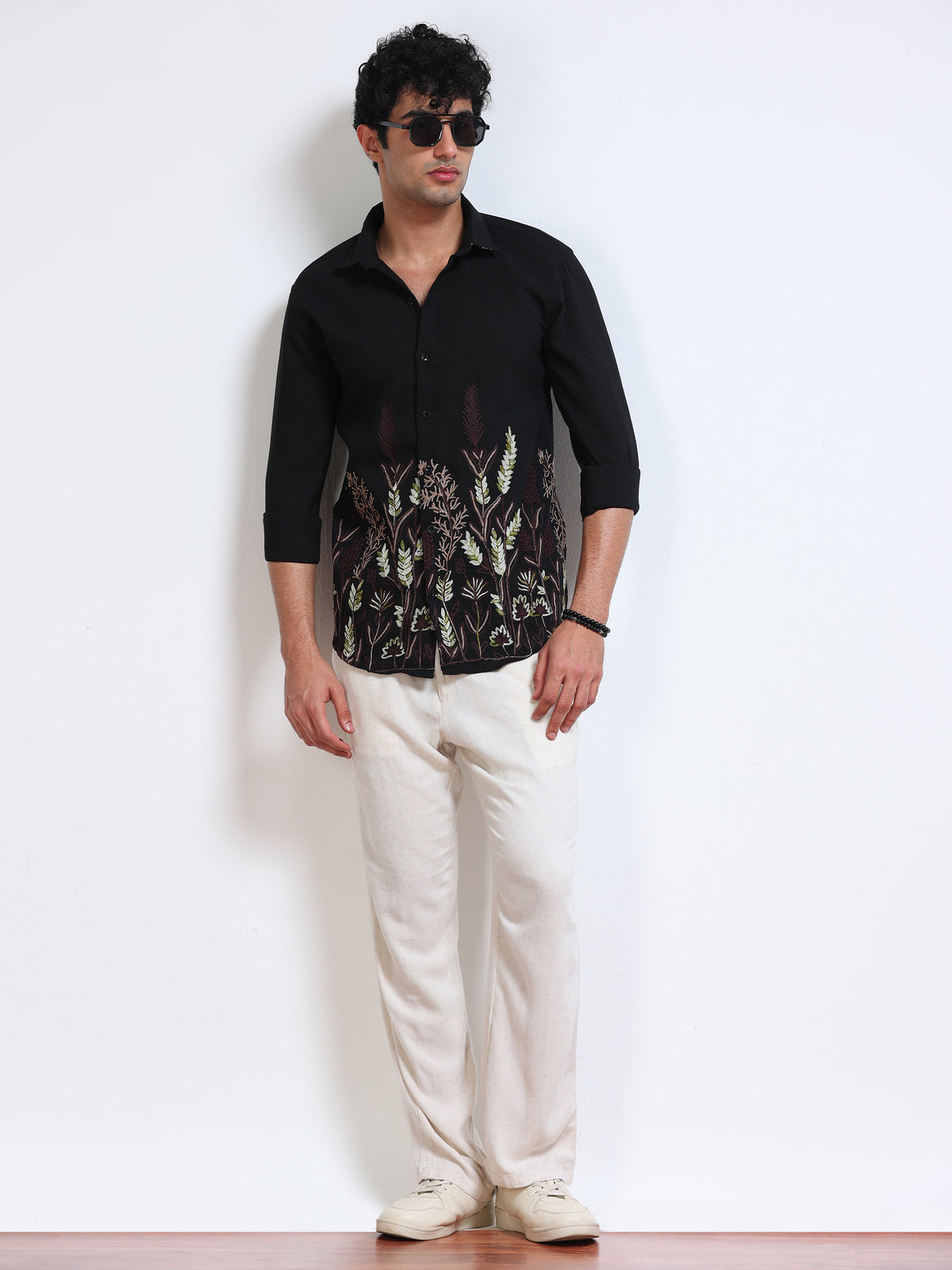 Men's Linen Black Botanical Border Embroidery Shirt