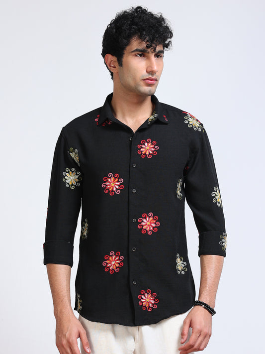 Men's Linen Black Multicolour Floral Embroidery Shirt