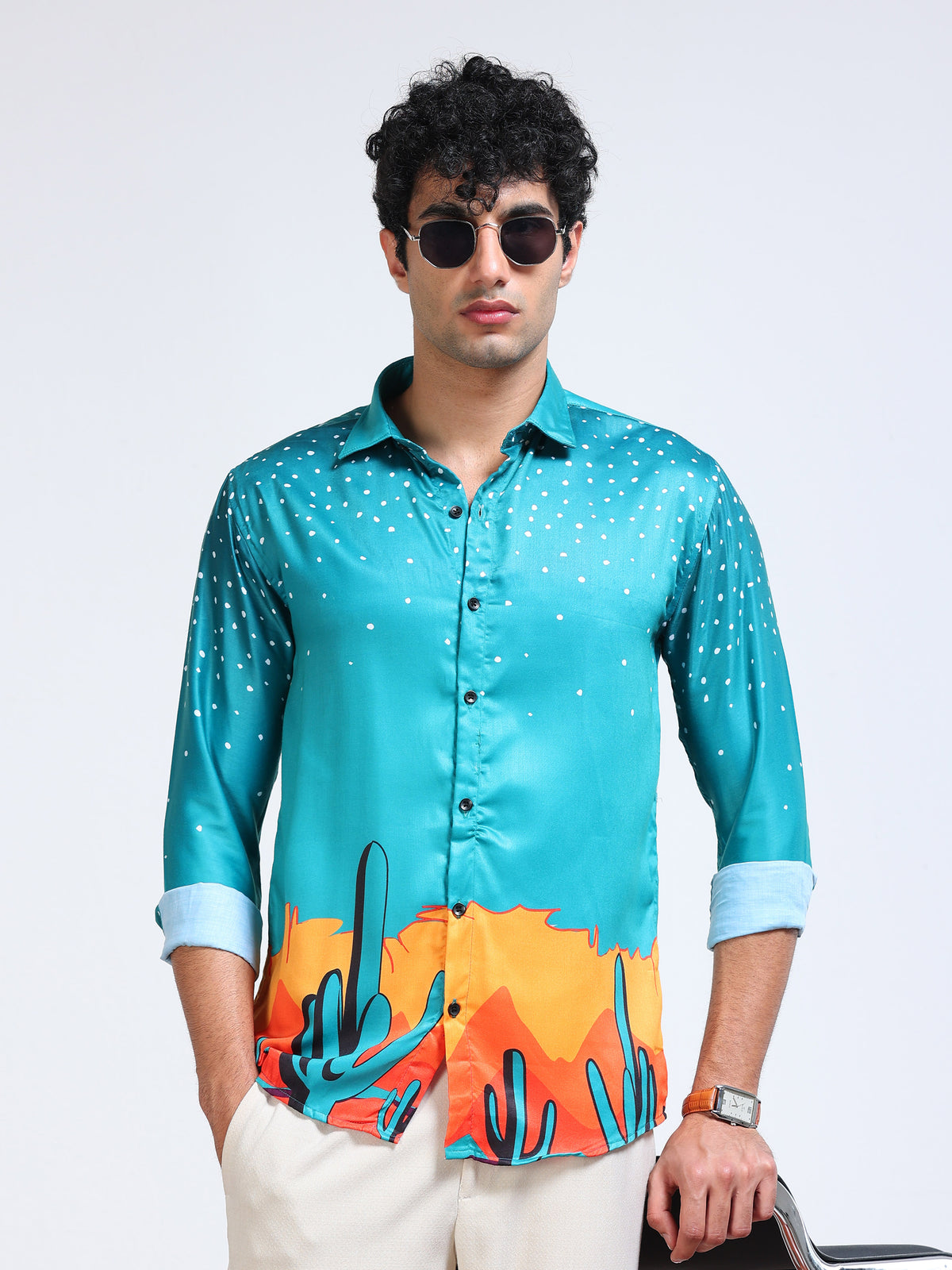 Men's Modal Satin Turquoise Desert Cactus Printed Shirt