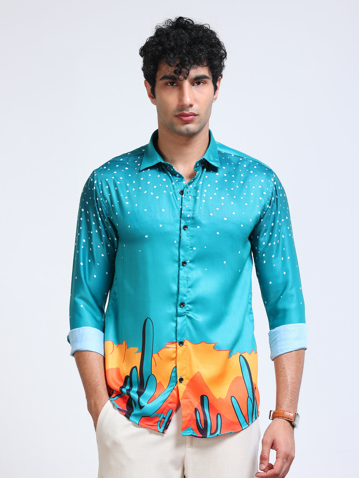 Men's Modal Satin Turquoise Desert Cactus Printed Shirt