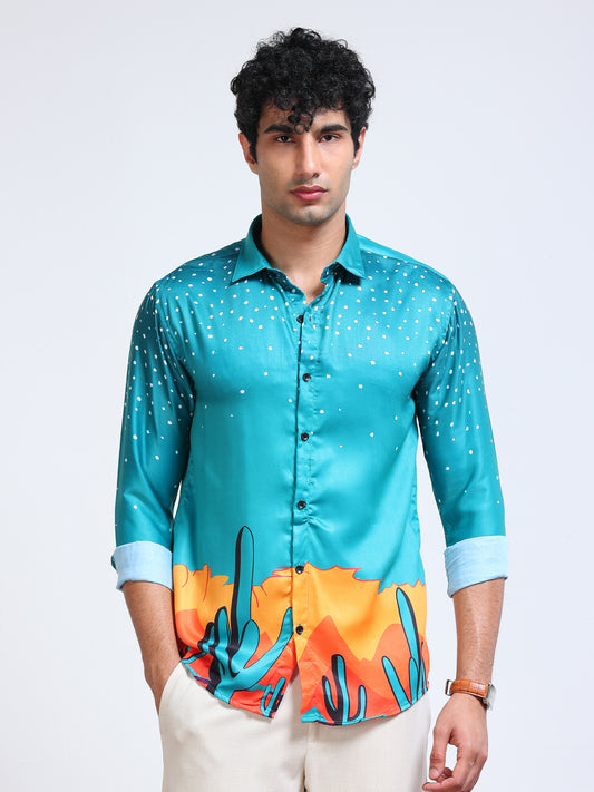 Men's Modal Satin Turquoise Desert Cactus Printed Shirt