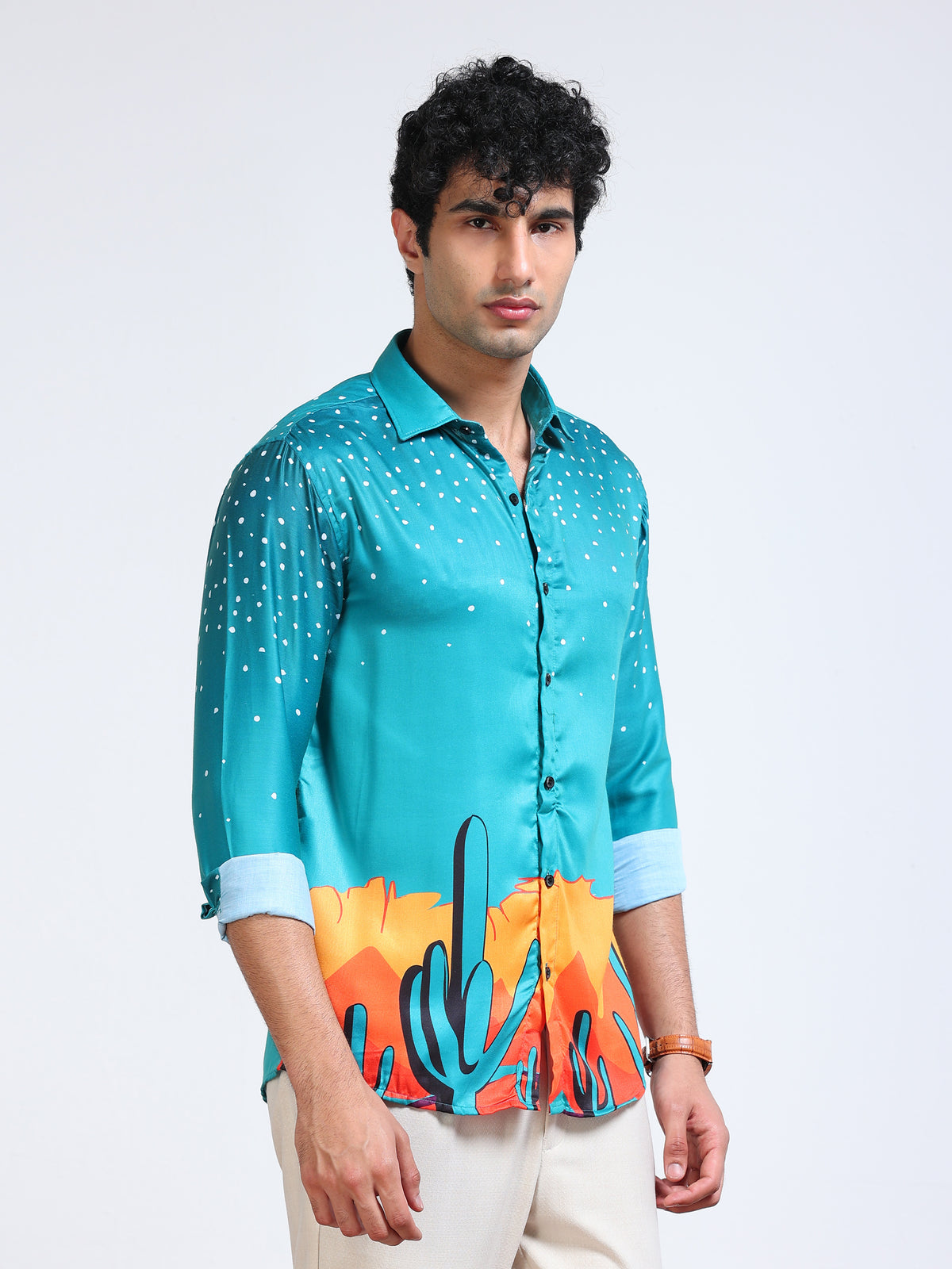 Men's Modal Satin Turquoise Desert Cactus Printed Shirt