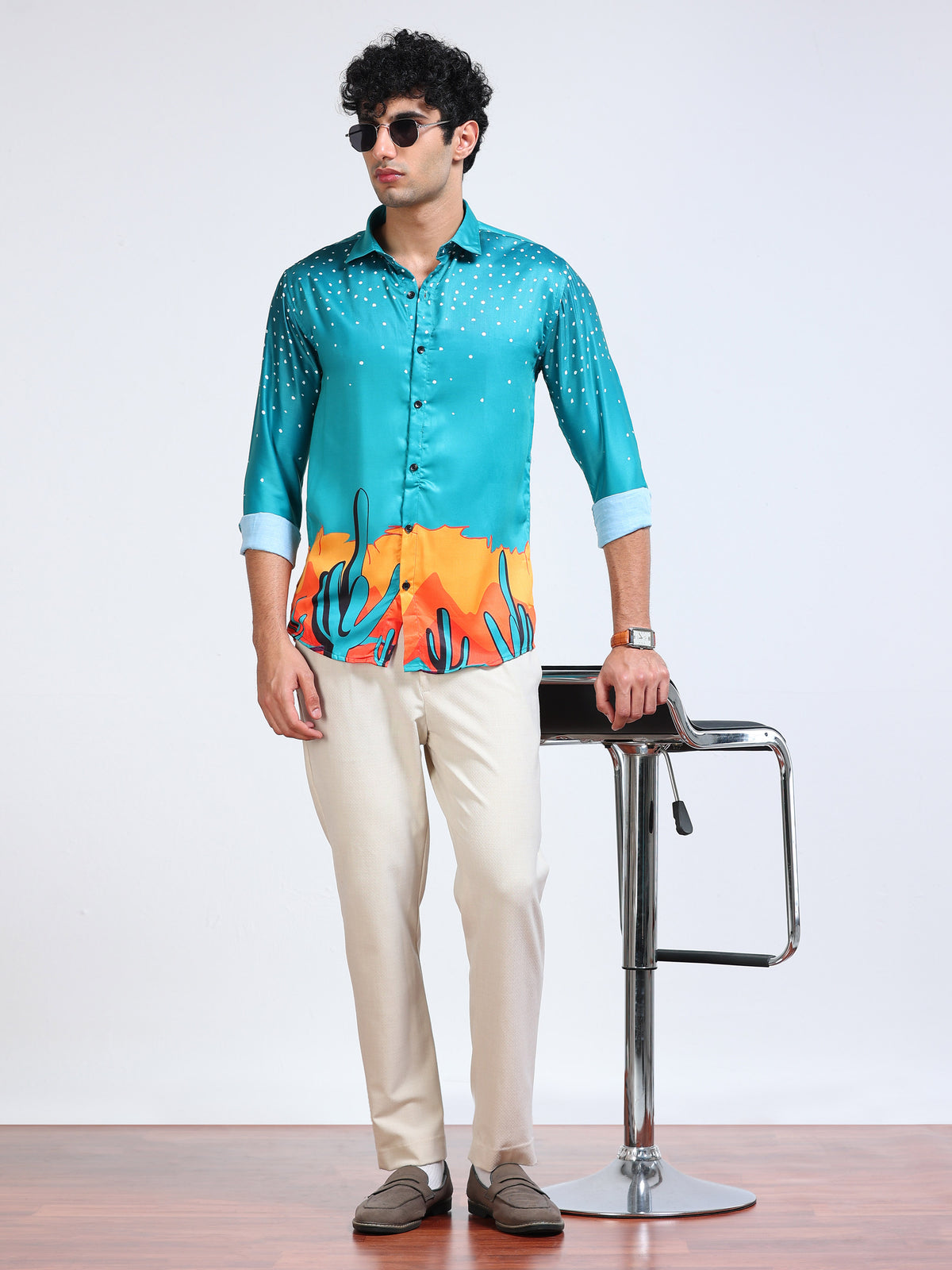 Men's Modal Satin Turquoise Desert Cactus Printed Shirt