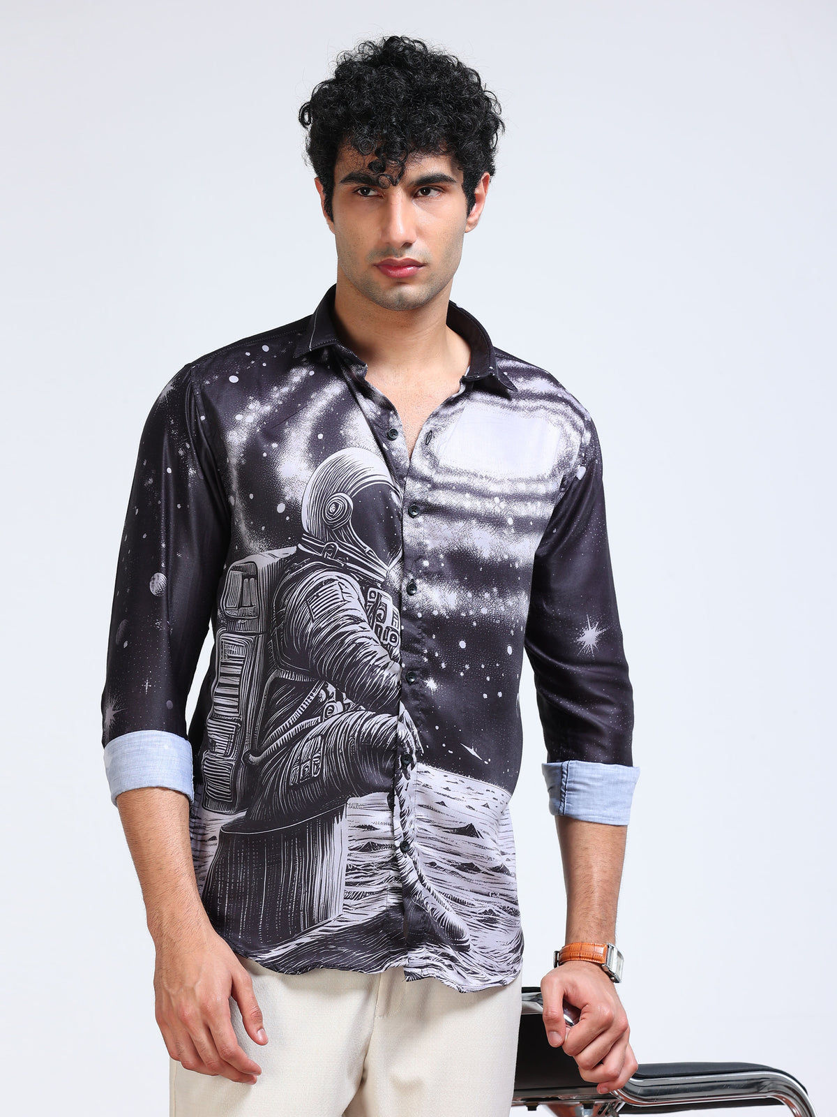 Men's Modal Satin Black Astronaut Galaxy Printed Shirt